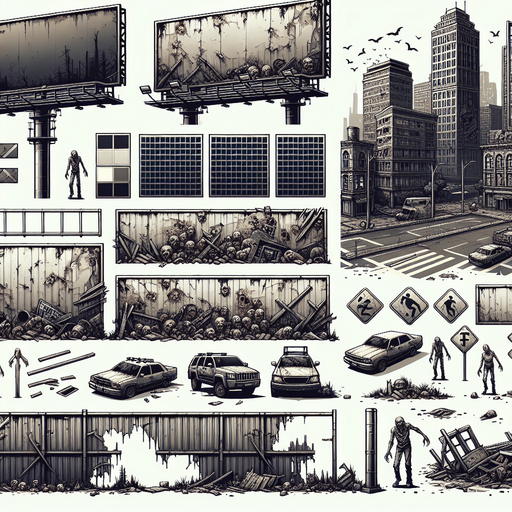 Zombie apocalypse city.
Single Game Texture.  In-Game asset.  2d.  Blank background.  High contrast.  No shadows