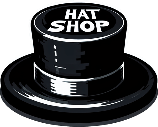 A SVG that says “Hat Shop” on top of a top hat.
Single Game Texture.  In-Game asset.  2d.  Blank background.  High contrast.  No shadows