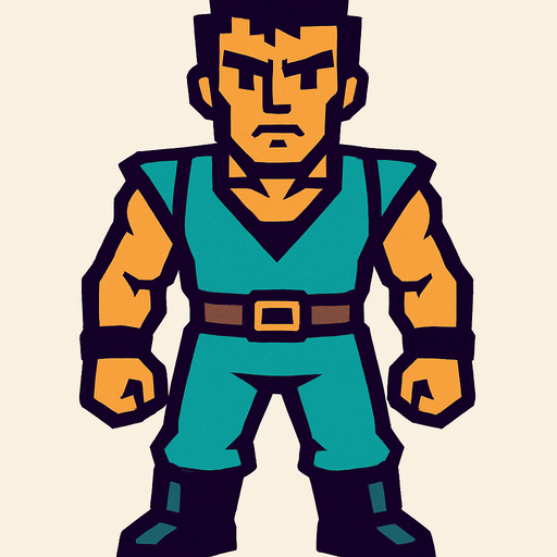 male character facing the screen.
In-Game asset.  2d.  High contrast.  No shadows