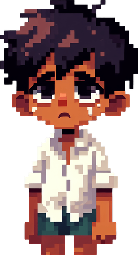 a boy who is lost and sad, now background and only a few pixels.
Single Game Texture. In-Game asset. 2d. Blank background. blocky contrast. round shadows.