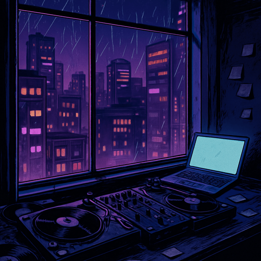 A 2048x2732 vertical background illustration in a semi-realistic comic book style. The scene depicts a moody DJ booth inside a small urban apartment at night, overlooking a vibrant neon-lit city through large glass windows. The DJ setup is stylish but lived-in — with vinyl records, scattered sticky notes, a glowing laptop screen, and faint light reflections on the desk. Outside, rain trickles down the window, and distant buildings flicker with purples, blues, and pinks. The entire environment feels reflective, lo-fi, and intimate — as if the city hums with a quiet rhythm. No characters, no text — just a story-rich, immersive menu backdrop..
In-Game asset.  2d.  High contrast.  No shadows
