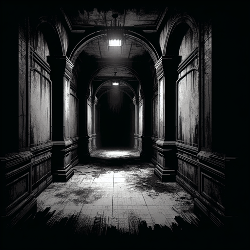 Make a dark scary hallway.
Single Game Texture.  In-Game asset.  2d.  Blank background.  High contrast.  No shadows