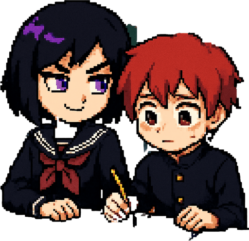 A cute anime-style girl in pixel art, with an emo aesthetic, striking purple eyes, and a classic Japanese school uniform (sailor fuku), is studying with furrowed brows and a confident smile. She sits next to a shy red-haired boy with red eyes, also in pixel art style. Their desks are pushed together, and on the boy’s desk lies an open notebook, which he nervously stares at while holding a graphite pencil. The girl looks at him with a mix of sternness and confidence, convinced he won’t pass the exam. The background depicts a typical Japanese classroom.