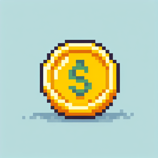 simple pixel art coin and yellow.
Single Game Texture. In-Game asset. 2d. Blank background. High contrast. No shadows.