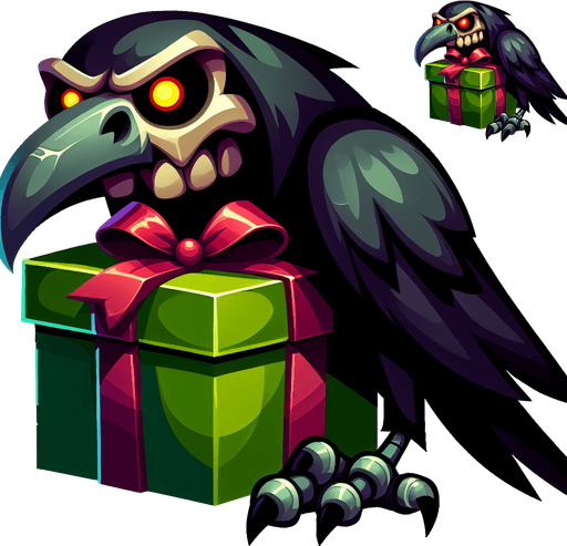 Cartoon of a christmas present, evil raven style, side view Single Game Texture. In-Game asset. 2d. Blank background. High contrast. No shadows.