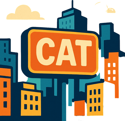 Şehir ve arkaplanında cat yazan bir tabela.
In-Game asset.  2d.  High contrast.  No shadows