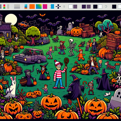Generate a high quality cartoon background Halloween image on a black canvas similar to the format of where is waldo.
Single Game Texture. In-Game asset. 2d. Blank background. High contrast. No shadows.