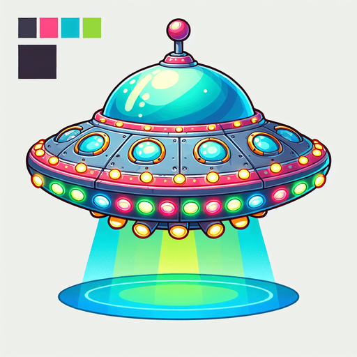 Create a cartoon-style  UFO obstacle for a helicopter game. The UFO should be rounded with glowing lights, antennas, and a colorful alien style..
Single Game Texture.  In-Game asset.  2d.  Blank background.  High contrast.  No shadows