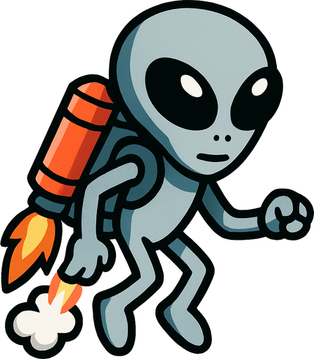 Grey alien with jetpack.
In-Game asset.  2d.  High contrast.  No shadows