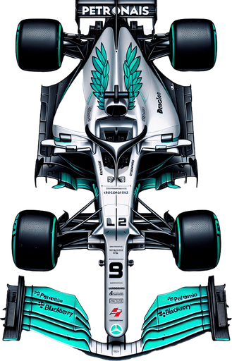 Real life Silver f1 mercedes race car with turquoise green lines and REARwings and white "PETRONAIS" text on wings.
Red race number on car nose. Black peace logo, black Blackberry text on sides. TOP VIEW