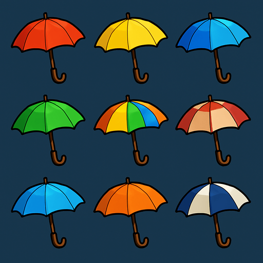 Pack of different umbrellas.
In-Game asset.  High contrast.  No shadows. 3D