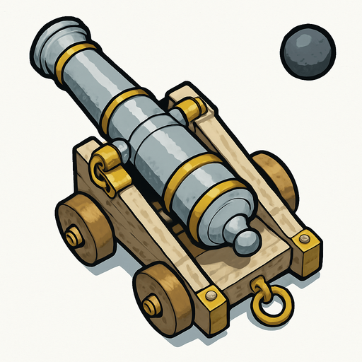 17. century light gray with gold cannon for seaside only naked shooting cannon topdownlook medieval-semirealistic,.
In-Game asset.  2d.  High contrast.  No shadows