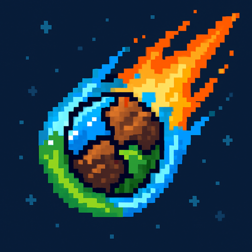 Generame unm meteorito pixelar elemental con todos los elementos.
In-Game asset.  2d.  High contrast.  No shadows