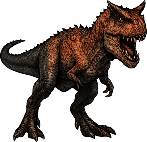 A fierce Carnotaurus dinosaur depicted in a dynamic neutral pose on a transparent background. It has a slender but muscular body covered with rough, textured reddish-brown and dark gray scales. The head is distinctive with two prominent horns above its eyes and a wide mouth showing sharp teeth. Its arms are tiny and tucked close to the body, while powerful legs end in sharp claws. The skin shows bumps and small scars, emphasizing its predatory nature and agility..
In-Game asset.  2d.  High contrast.  No shadows