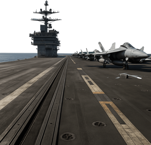 Photorealistic nuclear-powered
aircraft carrier deck. View from the deck before take off