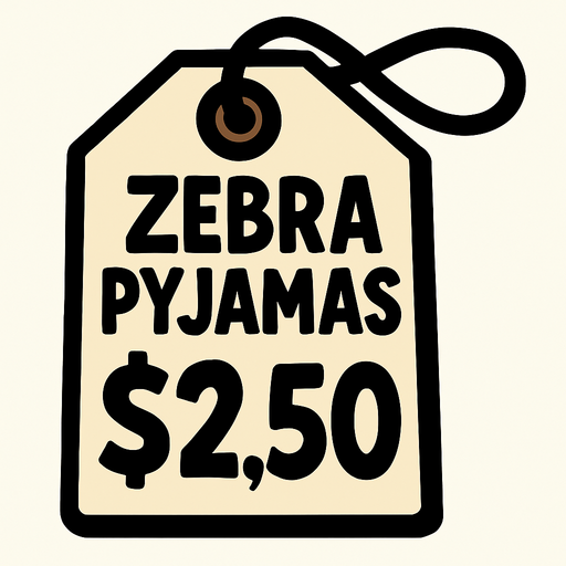 Price tag that says Zebra Pyjamas $2.50.
In-Game asset.  2d.  High contrast.  No shadows