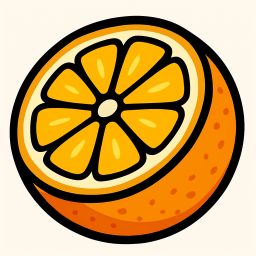 Naranja Circular Cortada por la mitad.
In-Game asset.  2d.  High contrast.  No shadows. Cartoon.