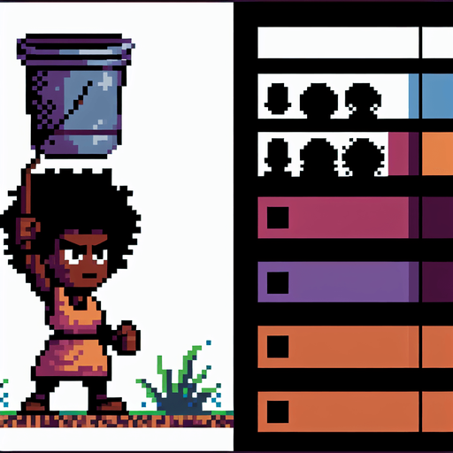 8 bit girl with wild hair holding up a  big bucket above her head to catch water, punk rock, main character.
Single Game Texture. In-Game asset. 2d. Blank background. High contrast. No shadows.
