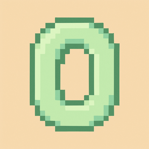 A pixel art number "0" designed for a cozy, cute retro 2D game UI with a bird theme. The number is rendered in soft pastel light green tones to harmonize with the gentle and sweet aesthetic of the game. It has a clean, simple, and rounded pixel style with no harsh edges, fitting perfectly within the pixel art UI style. The number is bold and easily readable at small sizes..
In-Game asset.  2d.  High contrast.  No shadows. pixel art. retro. 2d ui. number. pastel light green. simple. rounded edges. bold. cute. minimal