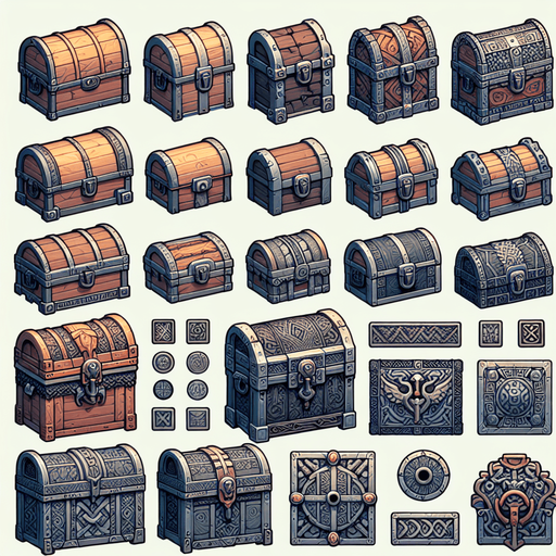 A spritesheet of various norse medieval or viking age looking treasure chest. Side view as for use in a platformer or endless runner game..
Single Game Texture. In-Game asset. 2d. Blank background. High contrast. No shadows.