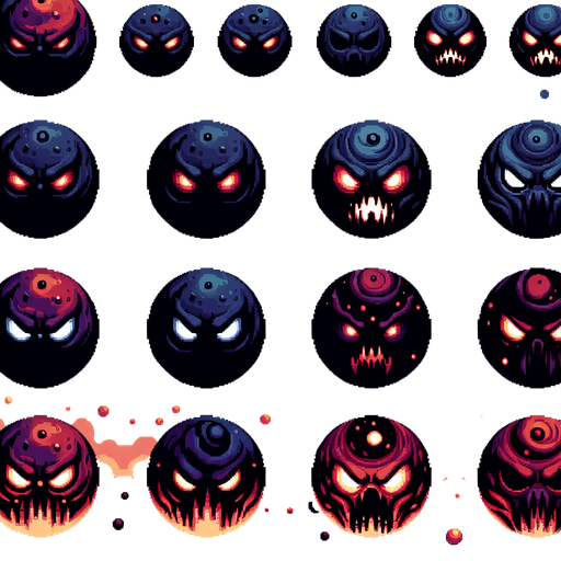 A sprite sheet of evil dark and dangerous looking planets with their eyes closed and their eyes open..
Single Game Texture. In-Game asset. 2d. Blank background. High contrast. No shadows.