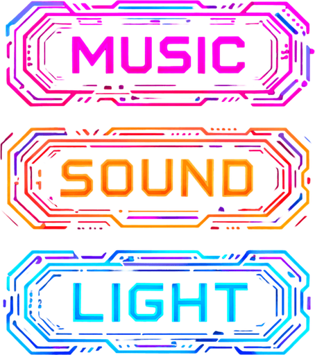 Buttons assets with same colors and shape with text 'music', 'sound', 'light'. cyberpunk. abstract. futuer. different colors. HD colors.
In-Game asset.  2d.  High contrast.  No shadows