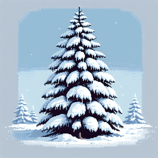 pixel art of a spruce tree covered in snow. Single Game Texture. In-Game asset. 2d. Blank background. High contrast. No shadows.