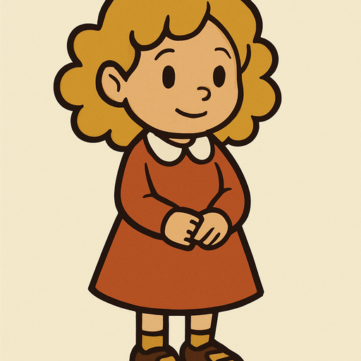 Cute little 7yo girl with blonde curly hair. Professor Layton game style 
In-Game asset.  2d.  High contrast.  No shadows