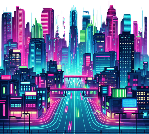 2d front view of a neon city  in the art style of a neon cyberpunk world.
Single Game Texture. In-Game asset. 2d. Blank background. High contrast. No shadows.