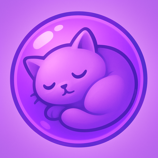 A purple bubble featuring a sleepy cat curled up inside, soft and dreamy, stylized for mobile game.
In-Game asset.  2d.  High contrast.  No shadows