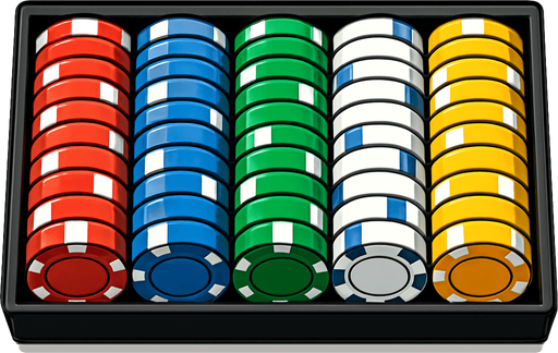 A long rack of different colored poker chips seen from above. Anime style..
In-Game asset.  2d.  High contrast.  No shadows