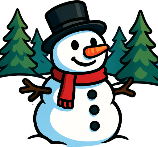 a cartoon style 3d image of a snowman in a field with pine trees in the background. no people..
In-Game asset.  2d.  High contrast.  No shadows