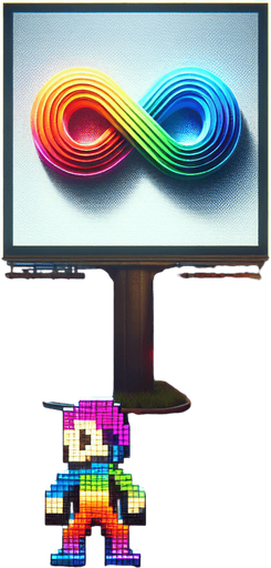 street ad billboard with the FRVR logo (multi-color infinte sign with right loop bigger than the left one) about the "Endless Runner Contest".
high definition video game sprite