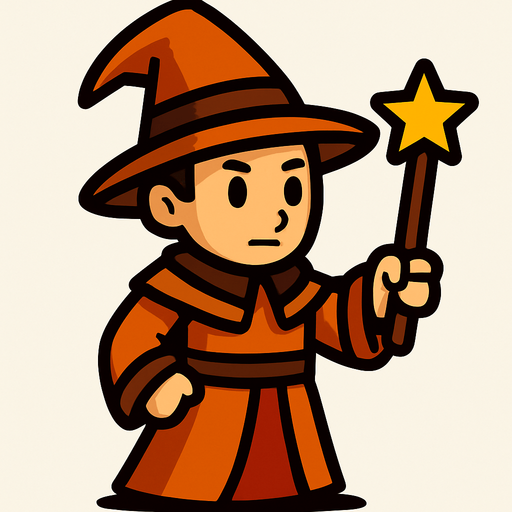 Mago con sombrero naranja y marrón sin barba con varita con estrella, de cuerpo entero.
In-Game asset.  2d.  High contrast.  No shadows