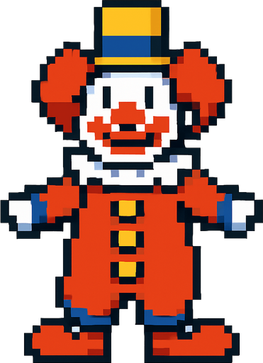 Create pixel art clown with no background.
In-Game asset.  2d.  High contrast.  No shadows