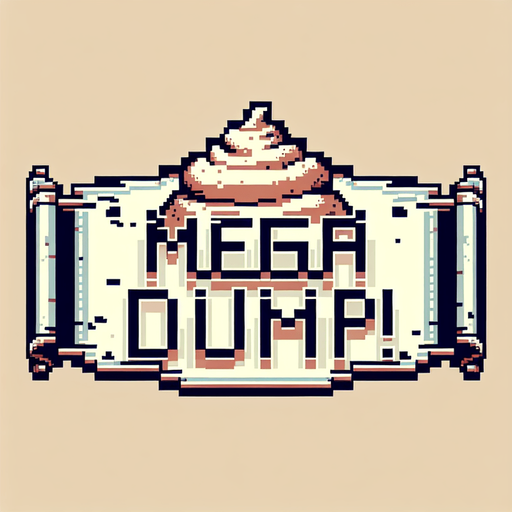text saying "Mega Dump!" against a giant poop banner. pixelated. 8-bit.
Single Game Texture. In-Game asset. 2d. Blank background. High contrast. No shadows.
