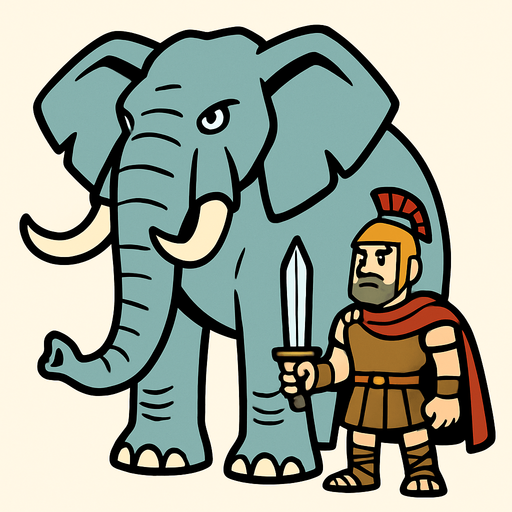 Animasyon çizgi dizi tarzında büyük ve devasa bir fil çiz yanındada elinde kılıç olan eski çağlardan bir asker olsun.
In-Game asset.  2d.  High contrast.  No shadows
