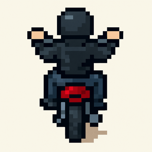 motociclista de chaqueta negra hecha con pixeles con perspectiva desde arriba y trasera.
In-Game asset.  2d.  High contrast.  No shadows