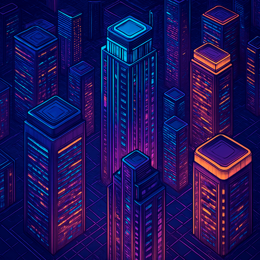 Pack top square of towers facing the screen to use it as a grid. future. seen from above. HD colors.