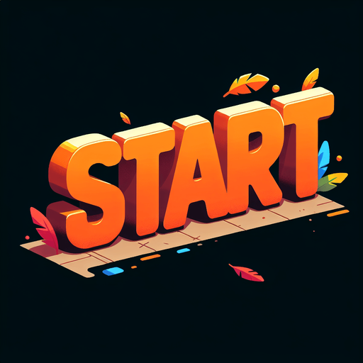 a orange SVG with big bold letters, that says start. a couple color feathers flying of the edge of the word.
Single Game Texture.  In-Game asset.  2d.  Blank background.  High contrast.  No shadows