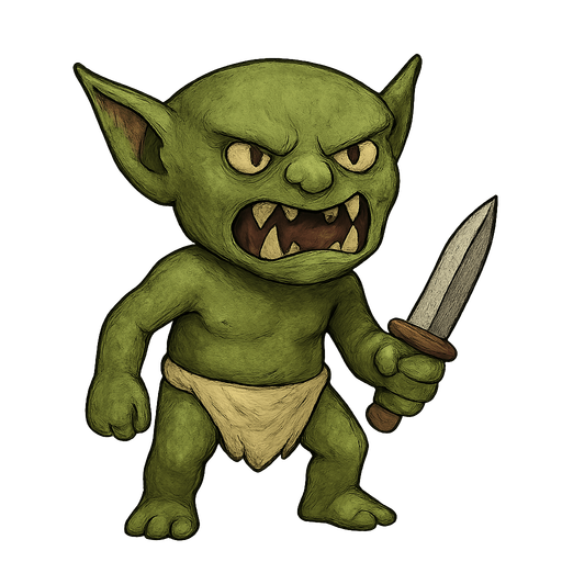 a goblin with a dagger realistic. No background. Transparent background. Blank background. No shadows. 2d. In-Game asset. flat