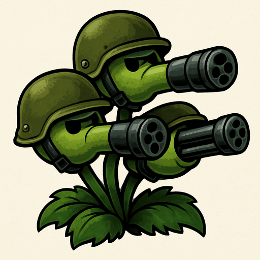 Triple lanza guisantes del videojuego plantas vs zombies fusion con cascos militares y boca de metralletas.
In-Game asset.  2d.  High contrast