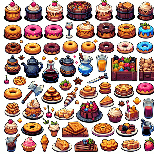 A spritesheet full of different delicious medieval cakes and snacks and beverages..
Single Game Texture. In-Game asset. 2d. Blank background. High contrast. No shadows.