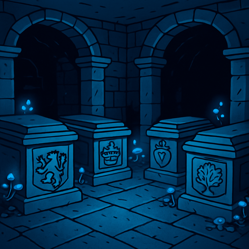 A sacred royal crypt deep underground, stone tombs with carved family crests, faint blue glow from fungi, complete silence.
In-Game asset.  2d.  High contrast.  No shadows