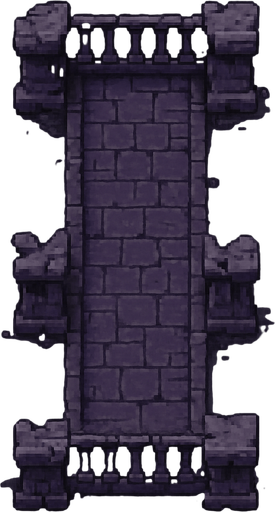 Top down view of a ruined old gray - purple creepy mediavel fance of an overpass. Long run heading straight up and down. pixel art 
Single Game Texture. In-Game asset. 2d. Blank background. High contrast. No shadows.