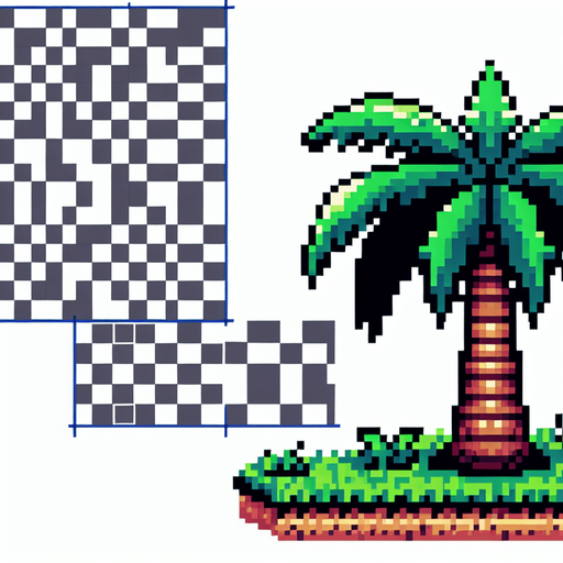 8bit. cartoon. palm tree..
Single Game Texture. In-Game asset. 2d. Blank background. High contrast. No shadows.