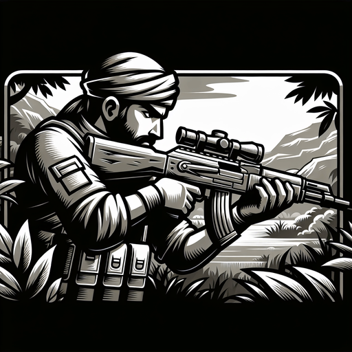 jungle soldier stand shoot the target right direction.
Single Game Texture.  In-Game asset.  2d.  Blank background.  High contrast.  No shadows