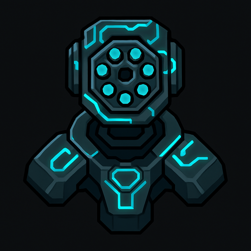 top-down view, small rapid-fire digital turret, multiple mini barrels, bright cyan glowing circuits, compact and fast look.
In-Game asset.  2d.  High contrast.  No shadows