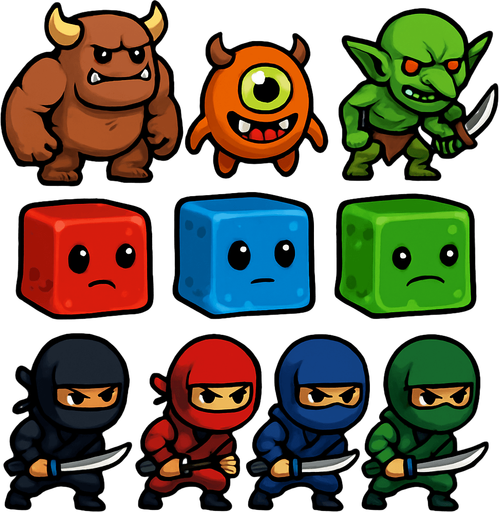 pack of different enemies for ninja game, monsters, slimes cubes monsters, ninjas with different colors each..
In-Game asset.  2d.  High contrast.  No shadows