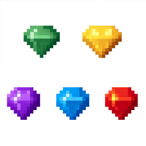 A spritesheet if same art style gems, pixel retro style, but with green, yellow, purple, blue, red colours..
In-Game asset.  2d.  High contrast.  No shadows